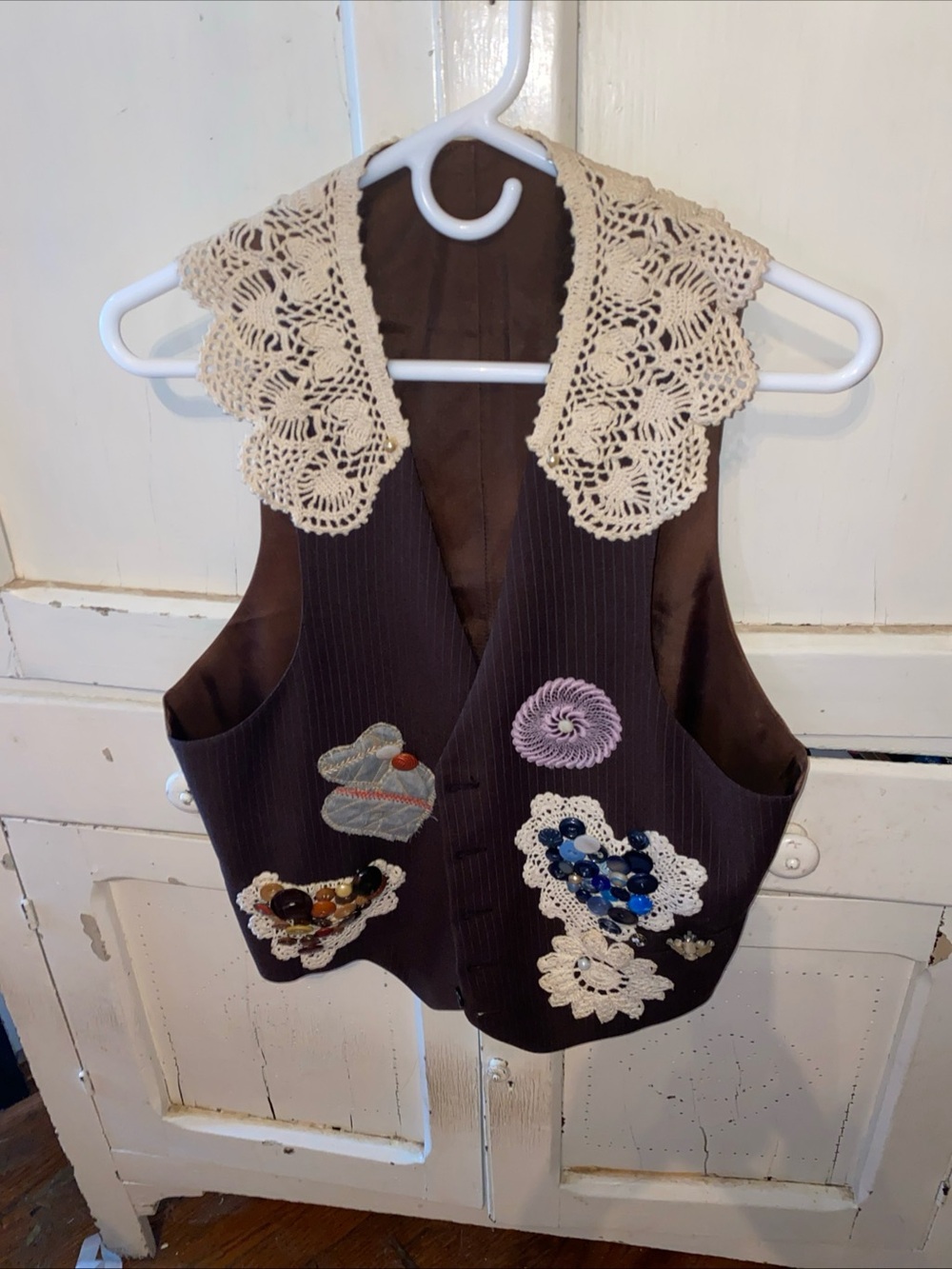 Women’s Brown Vest with Crochet Collar and Embellishments